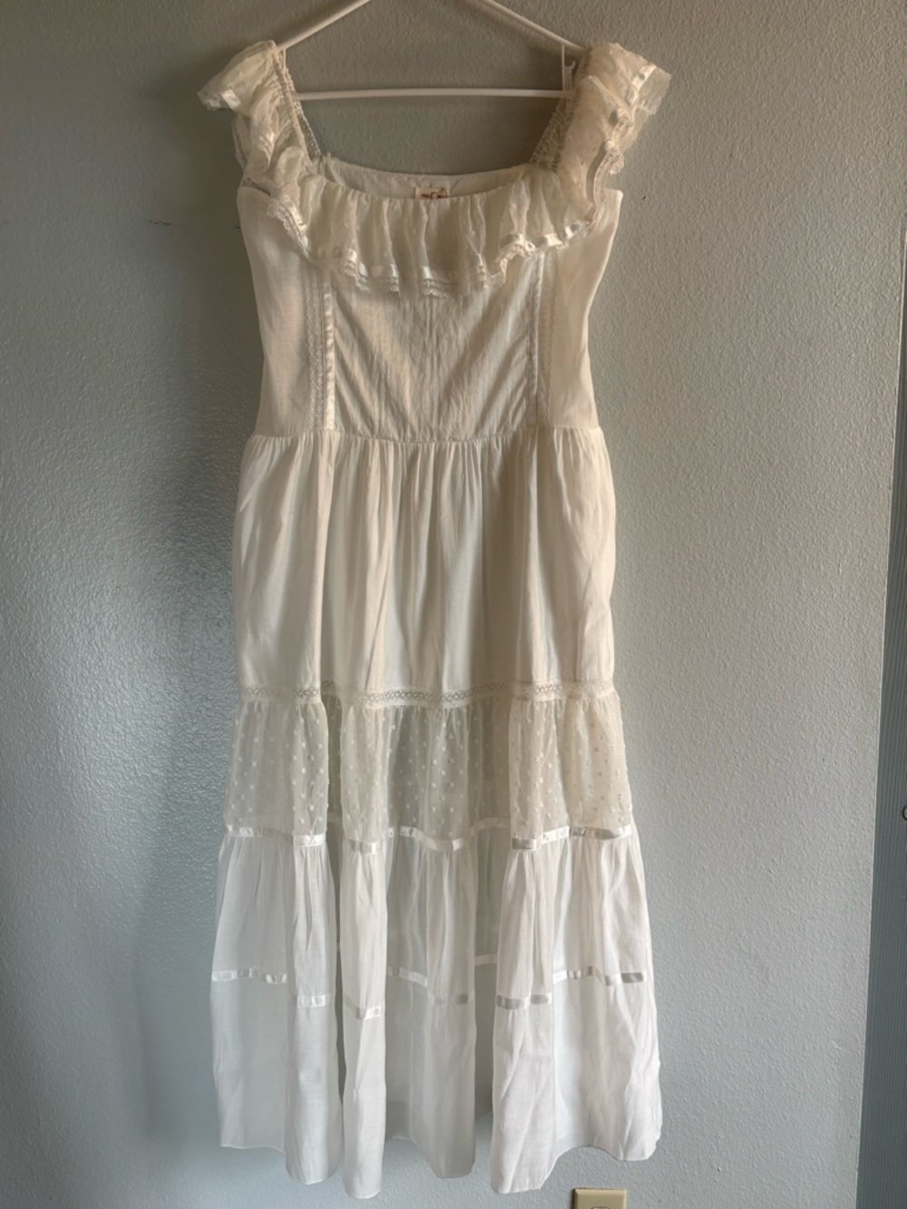 Eden Square Neck Ruffle Trim High Waist Midi Dress with Sheer Tiered Skirt - Picture 3 of 5